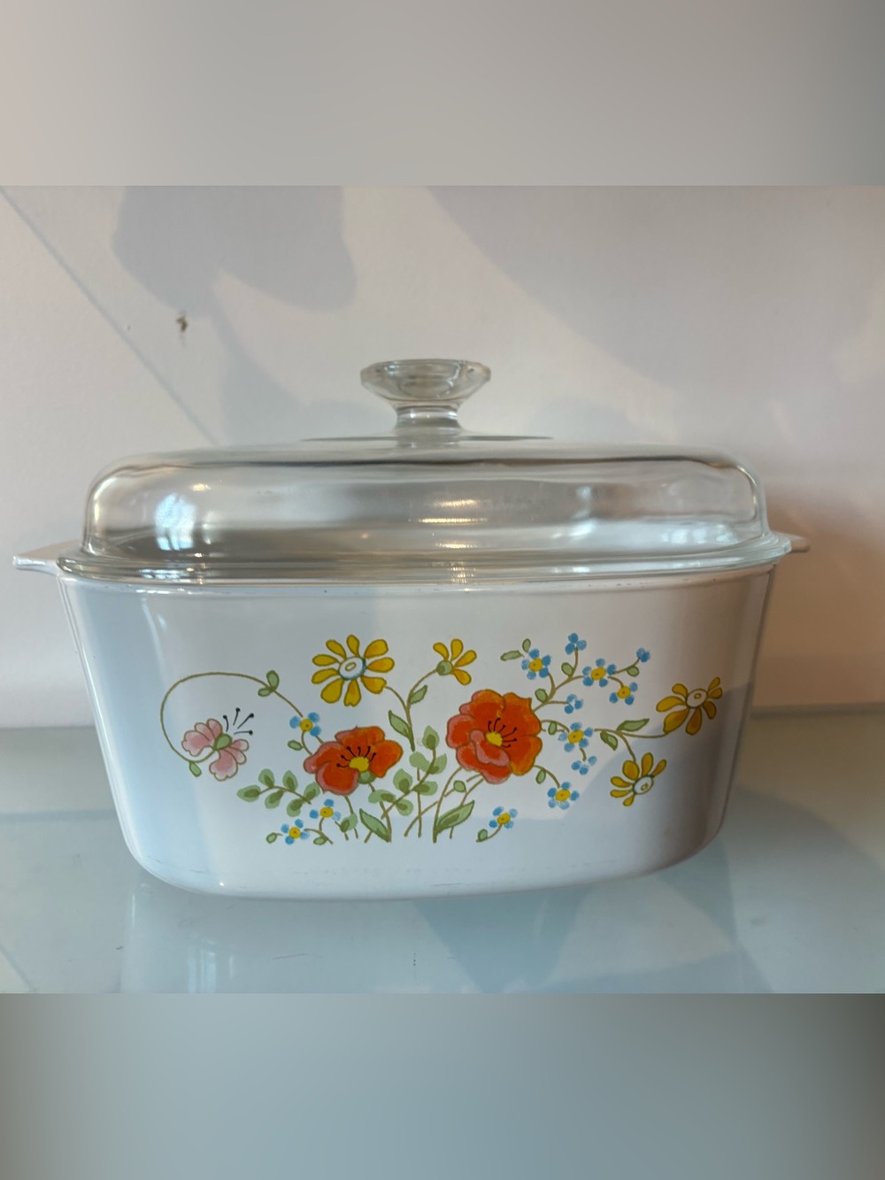 Corningware White Casserole A-5 with Orange, Yellow and Blue Floral Pattern 3 L